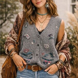 Northern Reflections Boho Embroidered Knit Sweater Vest Cottagecore/Grandmacore